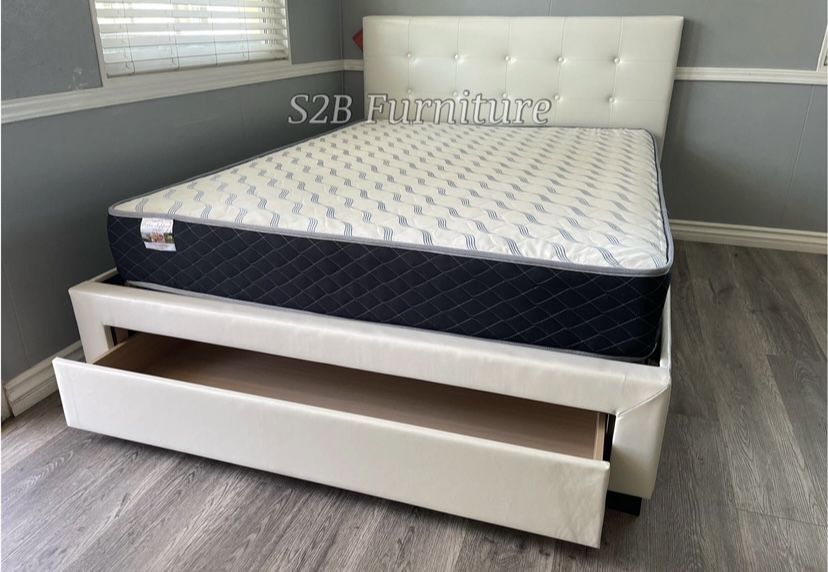 Queen White Platform Bed With Ortho Mattress Included