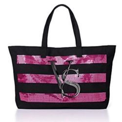 NWT Large Victoria’s Secret Black Canvas w/ Pink Sequins Tote Bag
