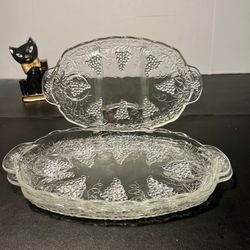 Anchor Hocking 1950s Set Of 3 Clear Glass Grapes & Leaves Snack Trays, 11.5x7”