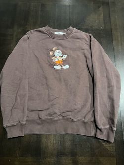 Disney Mickey Mouse Embroidered Logo Brown Fleece Crewneck Sweatshirt Men M