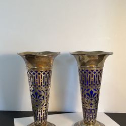 Vintage Godinger Silverplate Vases with Colbalt Blue Glass Inserts