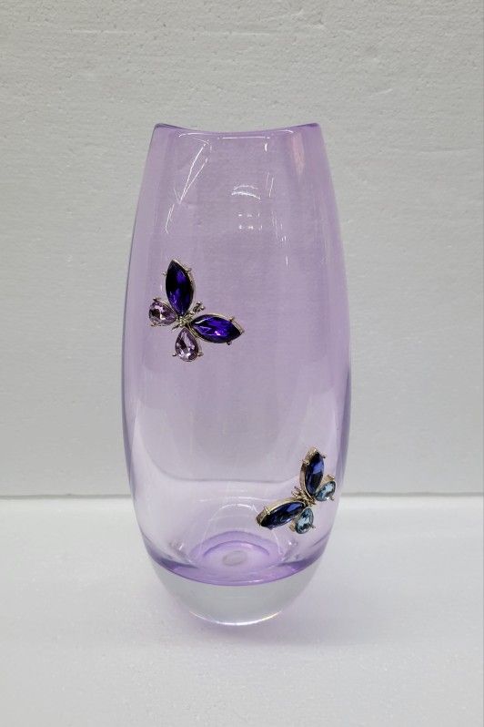 Vintage Czech Republic Teleflora Gift 24% Lead Crystal 10" Purple Vase With Butterflies