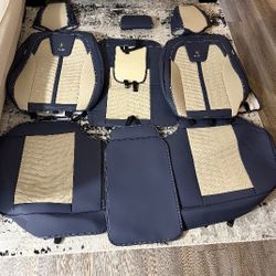 Set de Forros de Asientos para Carro – Premium Bicolor Beige/Azul Marino (4 Piezas + 2 Apoyacabezas)
