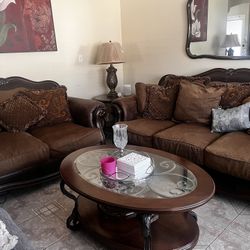 Brown Loveseat & Sofa Set With Matching Tables And Lamps
