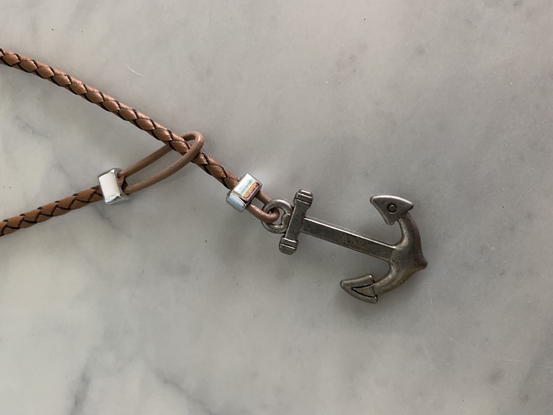 Adjustable Anchor Necklace Or Bracelet W/ Tan Woven Band