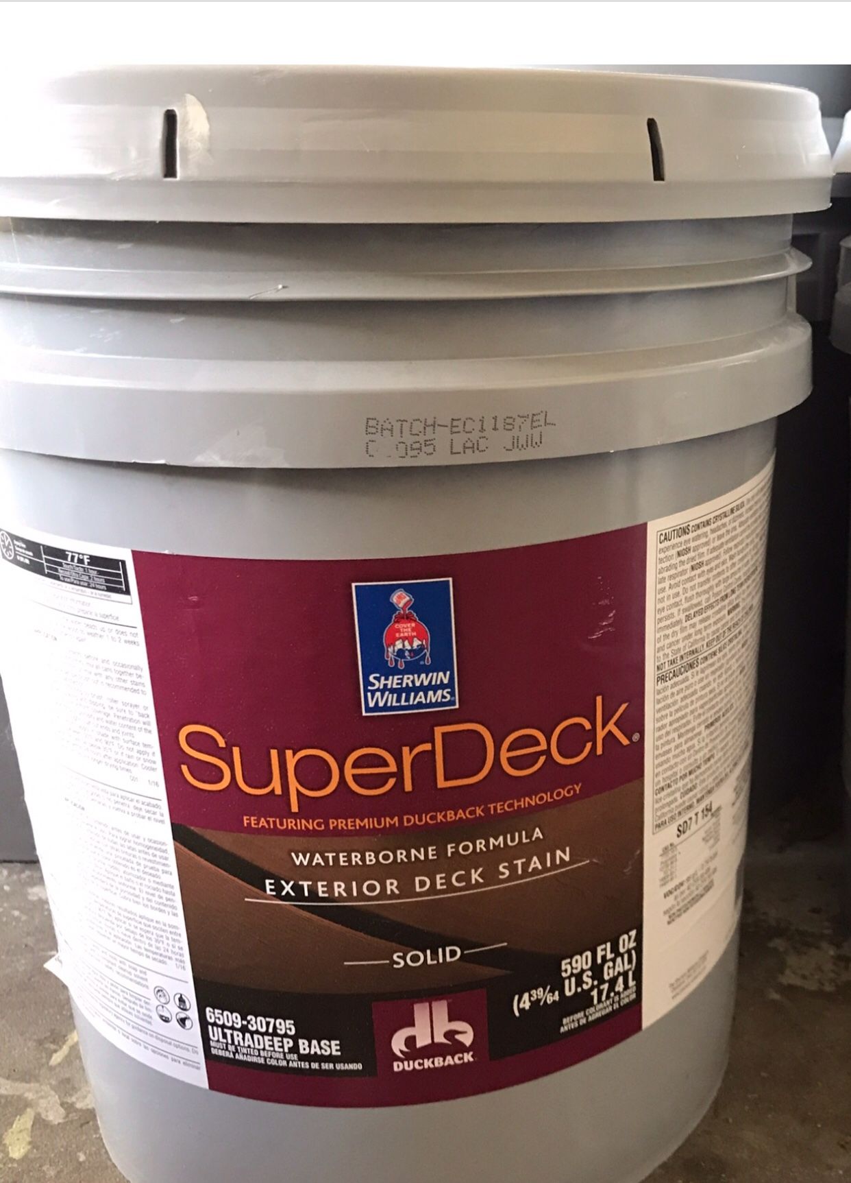 Super Deck Stain 5 Gallon Bucket for $45 . Color: Tan, Dark Gray.