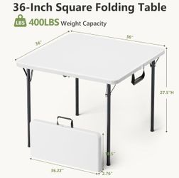 36 Inch Folding Card Table, Heavy Duty Square Folding Game Table with Carrying Handle, Fold-in-Half Portable Utility Table, No Assembly, Indoor Outdoo