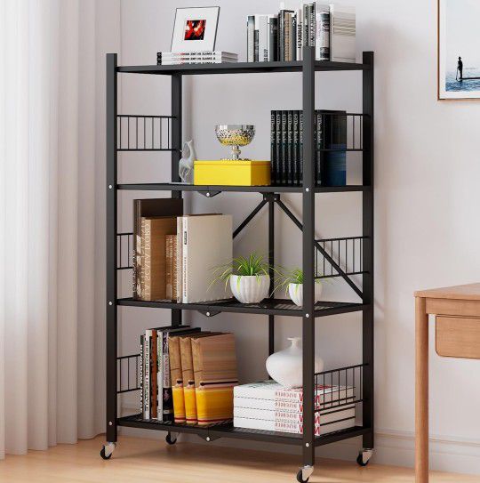 Folding Storage Shelves, 4-Tier Metal Collapsible Shelves with Wheels, Shelving Units and Storage Rack, Rolling Shelf No Assembly

