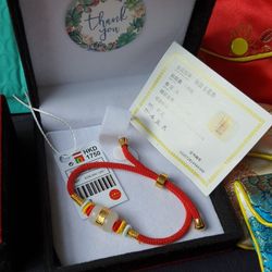 24K Yellow Gold Bracelet Real White Chalcedony Bead For Women Man Female Girl Gift Red Rope