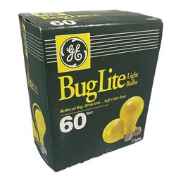 Pkg Of 2 Vintage GE 60 Watt Bulbs Bug Lite Yellow In Original Packaging New!