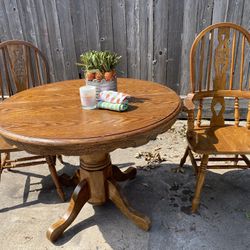 Solid Wood, Oak Pedestal Kitchen Table With Two Chairs and Leaf