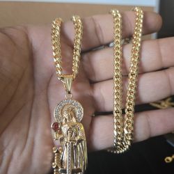 18kmgl (gold-filled not plated/magnetic) Santa Barbara  large pendant & 5mm 28”(can resize) Inch cuban link chain , includes warranty