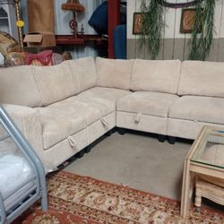 Off-white Corduroy Sectional With USB Ports And Storage 
