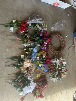 Faux flowers, vases, candles, etc