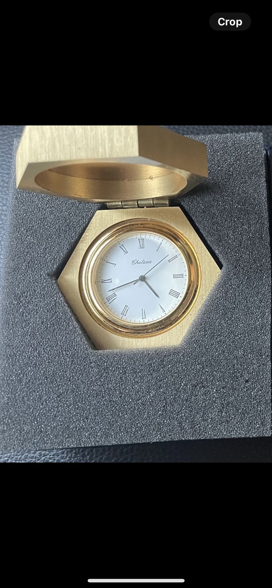 Chelsea Mini Quartz gold color brass desk clock w original box w paper