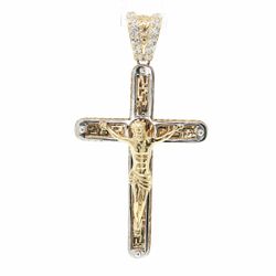 Men’s 10k Yellow Gold CZ Cubic Zirconia Crucifix with Greek Key Details Pendant 2.25” Inch GP3140400