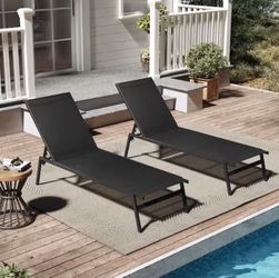 Stackable 2-Piece Outdoor Chaise Lounge Adjustable Metal Pool Lounge Chairs in Black