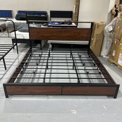 M-New (Damages) King Bed Frame with 2-Tier Storage Headboard, Metal Platform Bed Frame with 4 Storage Drawers, Built in Charging Station & LED, Noise-