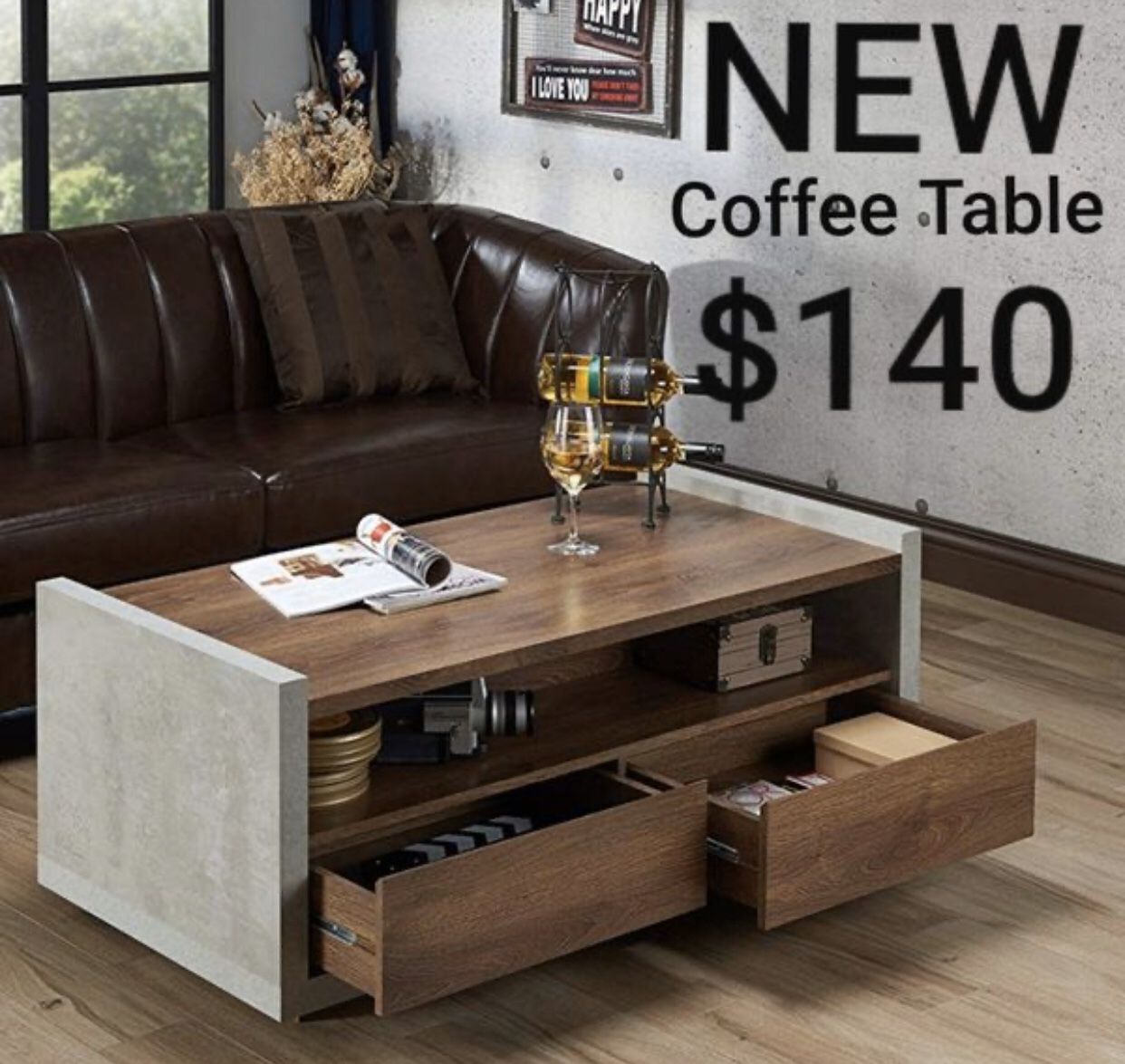 Industrial Open Shelf Coffee Table in Distressed Walnut