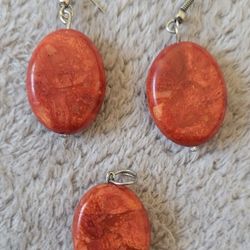 Set Of Red Sponge CORAL Earrings And Pendant, Stainless Steel French Hook 