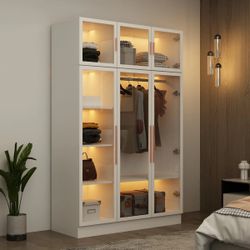 White Modern Large Wardrobe Cabinet with Lights