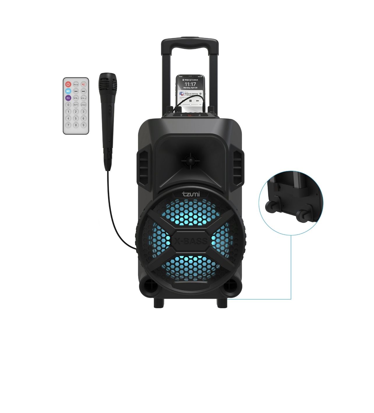 MegaBass LED Jobsite Speaker, Rechargeable Bluetooth Party Speaker with 8in. Subwoofer and Microphone
