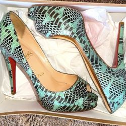 Christian Louboutin Teal & Black Snale skin leather Prive Heels 120mm