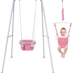 2 in 1 Baby Jumper with Swing - Indoor and Outdoor Use, Toddler Swing with Foldable Stand （Pink）