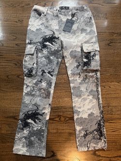 Rebel Revenge gray & white camouflage cargo pants with zebra and tree graphics