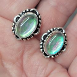 Mens Opalite Rainbow Solid 925 Silver Cuff Links.