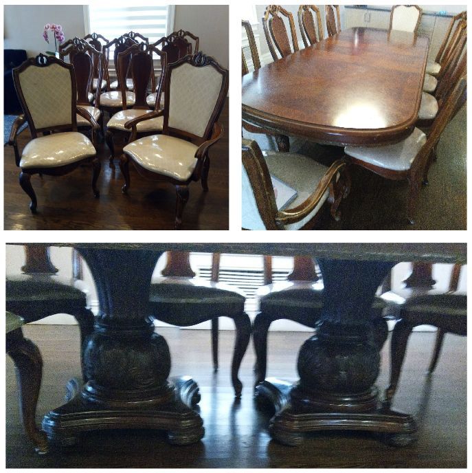11 foot solid wood table with 10 vintage antique solid wood neutral fabric dining room chairs 