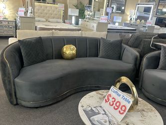 Brand New Dark Gray Velvet Curved Sofa with Gold Trim