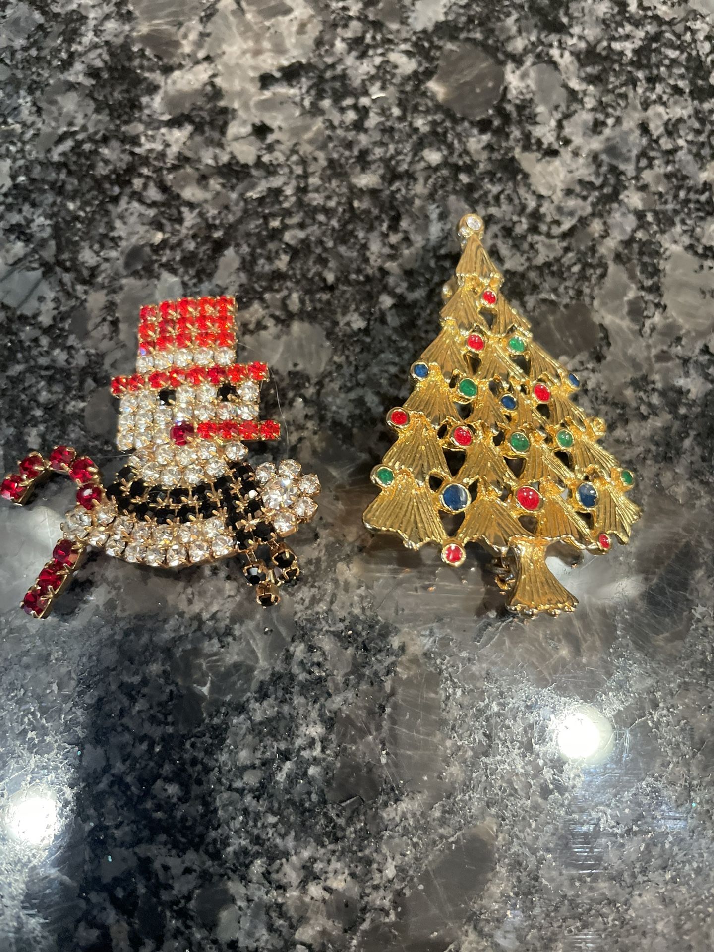 Vintage Holiday Christmas Snowman Tree Brooches Lot of 2