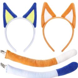 Bluey 4 Pcs Dog Ears and Tail Set for Adult,Plush Dog Ears Headband Halloween Costume Accessories Party Animal Cosplay Blue,Orange
