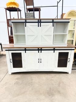 White and brown farmhouse style TV storage cabinet