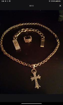 Chrome hearts style gold tone y2k jewelery retro lot necklace pendant cuban bracelet and size 11 ring simulated diamonds