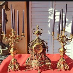 Antique Bronze Clock And Candelabra Set Battery Operated 