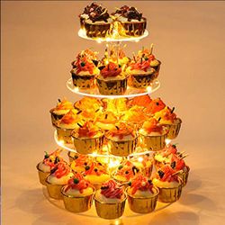 YestBuy 4 Tier Round Cupcake Stand, Cupcake Holder, 4 Tier Cupcake Tray, Acrylic Cake Tower Stand Display For Pastry + LED Light String, Ideal For Wed
