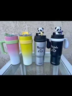 Travel Tumblers with Handles & Lids – Colorful Stainless Steel Cups, Cute Panda Des