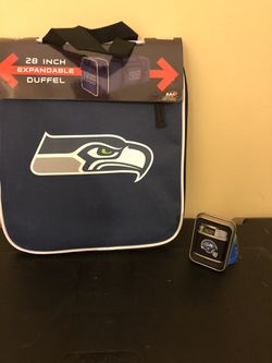 Seattle Seahawks duffle bag and butane lighter
