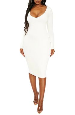Naked Wardrobe Deep V-Neck Long Sleeve Sheath Dress