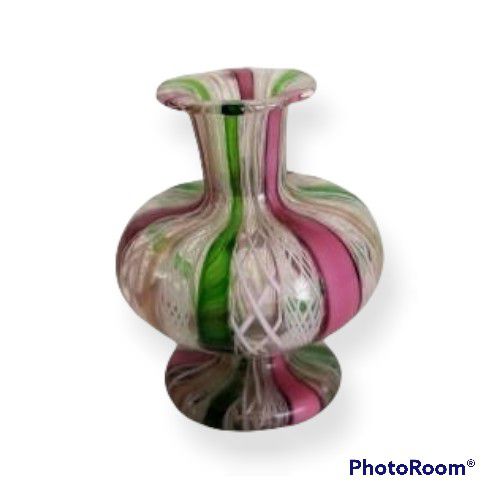 Vintage Murano Latticino Zanfirico Styled Italian Art Glass Vase. Pink, Green and White. 2.5 Inches Tall