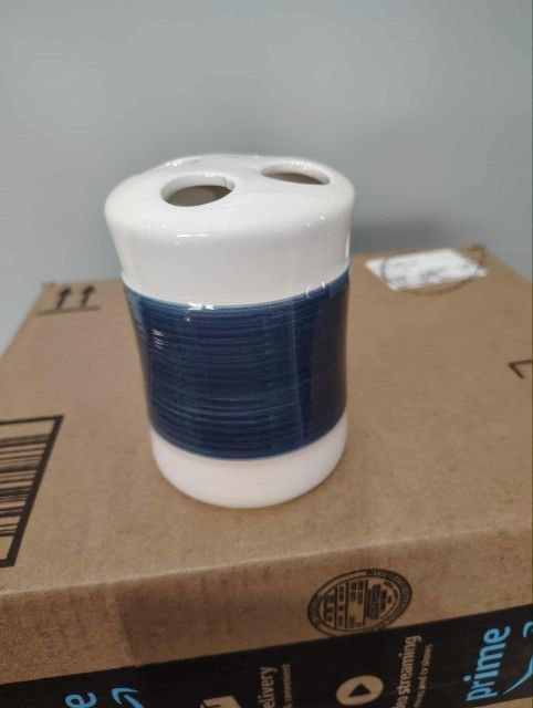 Ceramic White And Blue Toothbrush Holder