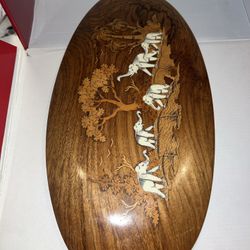 Wooden Mendez Handicrafts Ivory Inlay Elephants Artwork Plaque India 16” X 8”