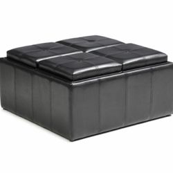HODEDAH Faux Leather, Storage Black Ottoman with 4-Flip over Serving Trays