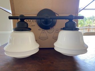 TWO LIGHT BATHROOM VANITY LIGHT! BRONZE  + MILK GLASS! NEW IN BOX