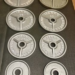Set of Olympic Vintage IVANKO Weight Plates: Pairs of 45s, 35s, 25s and 10s.  Reconditioned  Total: 230 #