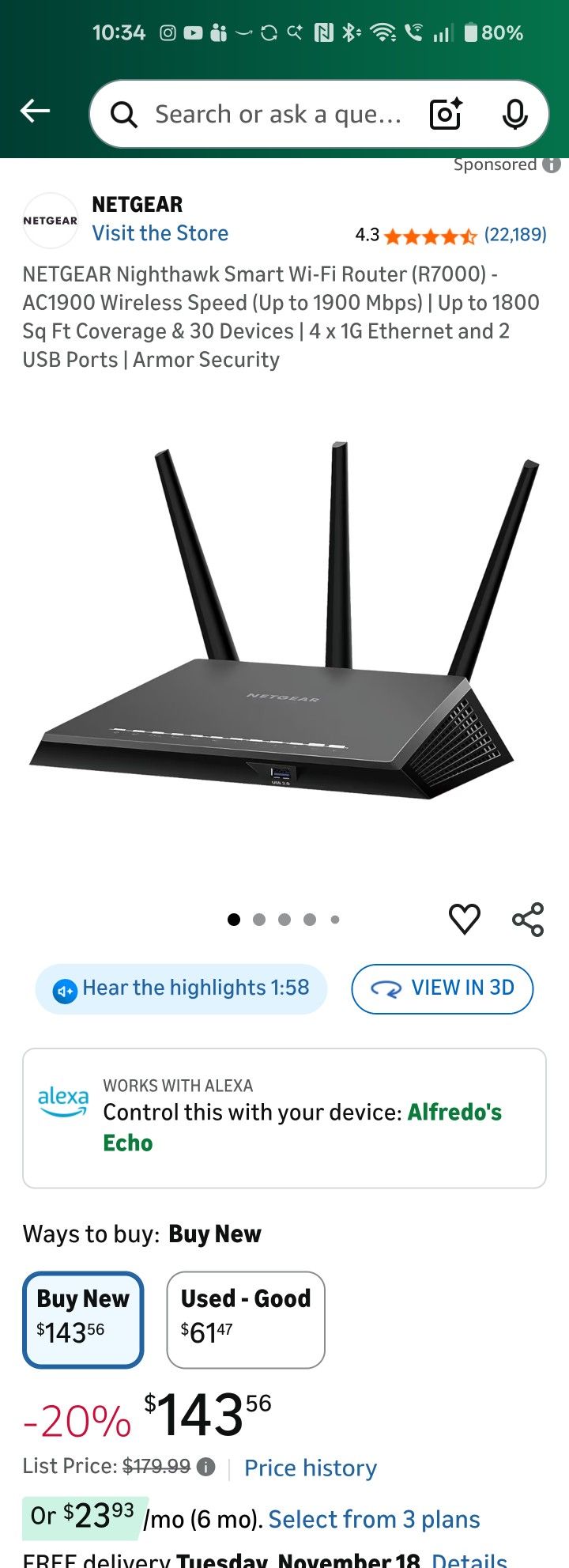 Netgear Nighthawk Router R7000 Wifi6