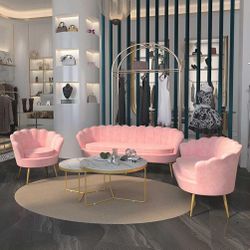 Pink Velvet Shell Sofa Set with Accent Chairs