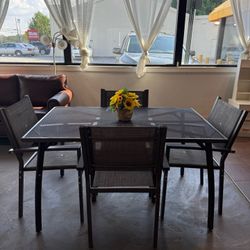 🔥Set of 5🔥Outdoor Set, Dark Gray Metal Steel Rectangular Outdoor Table with Umbrella Hole, Heavy Duty Stackable Simple Outdoor Chairs with Armrests 